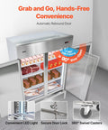 Heavy Duty Stainless Steel Upright Freezer 54 Inches Wide 44 Cubic Feet showing automatic rebound door and adjustable racks.