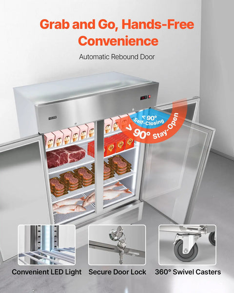 Heavy Duty Stainless Steel Upright Freezer 54 Inches Wide 44 Cubic Feet showing automatic rebound door and adjustable racks.