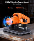 Front view of 7 1/4 Inch Metal Chop Saw with 1200W motor and 4000 RPM, showing stainless steel blade and adjustable cutting angle