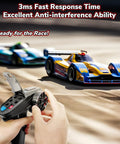 Hands holding 6 Channel Mini RC Radio Transmitter With 2 4 GHz Link And X6FG Gyro Receiver Long Range Up To 1640 Feet Low Voltage Alarm Fail Safe Mixed Mode For Cars Boats Tanks Portable Remote Controller with two RC cars on track