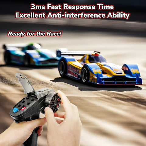 Hands holding 6 Channel Mini RC Radio Transmitter With 2 4 GHz Link And X6FG Gyro Receiver Long Range Up To 1640 Feet Low Voltage Alarm Fail Safe Mixed Mode For Cars Boats Tanks Portable Remote Controller with two RC cars on track