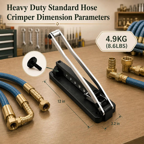Heavy Duty Hose Crimping Tool Kit For One Quarter, Five Sixteenths And Three Eighths Inch ID Hoses With One Hundred Ferrules Including 0.593 And 0.625 Inch Dies, Bench Mounted Crimper Works As A Real Workhorse For PVC Rubber And Air Hoses.