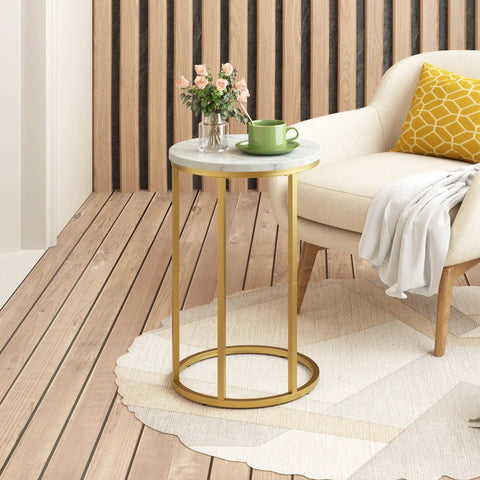Marble Top C Shaped End Table With Gold Metal Frame next to a sofa, ideal for living room or bedroom small spaces.