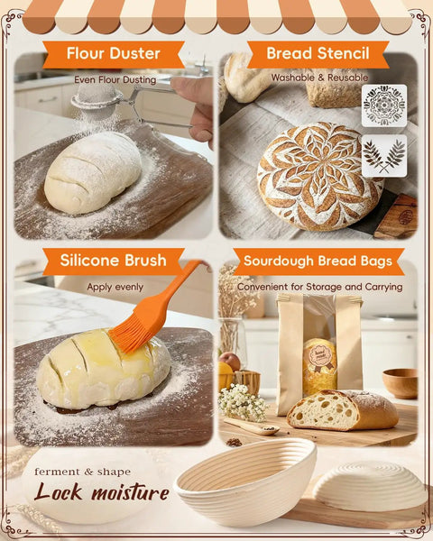 All In One Sourdough Starter Kit For Beginners With No Fuss Easy To Clean Tools Including Round 9 Inch Proofing Basket Starter Jar