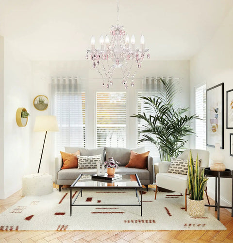 Living room with white crystal chandelier with pink droplets and strands 6 light candle style ceiling fixture, elegant decor