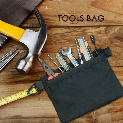Water Resistant Zipper Pouch With Carabiner Clip Small Nylon Travel Organizer for tools, black, shown with tools inside.
