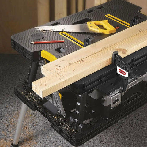 Heavy Duty Folding Workbench With 1,000 Lb Capacity DIY Friendly Portable Shop Table with wood and tools on top