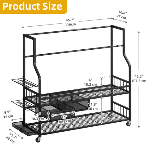 Golf Bag Storage Organizer With Wheels For Garage And Shed Holds Up To Four Bags 24 Clubs Drawer For Balls And Accessories dimensions shown
