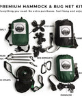 All In One Camping Hammock Kit With Bug Net And Rain Fly showing contents including rainfly, tree straps, carabiners, and stakes