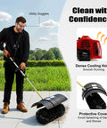 Zero Sweat Cleanup With This Gutsy 52cc Two Stroke Gas Powered Walk Behind Lawn Sweeper in action on paved area outdoors.