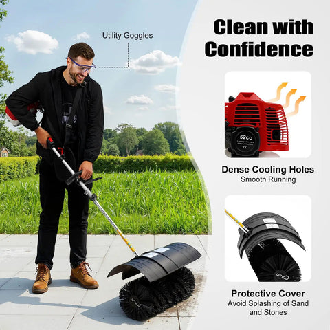 Zero Sweat Cleanup With This Gutsy 52cc Two Stroke Gas Powered Walk Behind Lawn Sweeper in action on paved area outdoors.