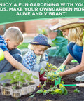 Gardening scene with family using 10 Pack Seed Starter Tray Kit With 60 Cell Seedling Trays, pots, and humidity domes.