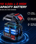 21V 4.0Ah x 2 high capacity battery with circuit board, showcasing long run life and fast charging features.