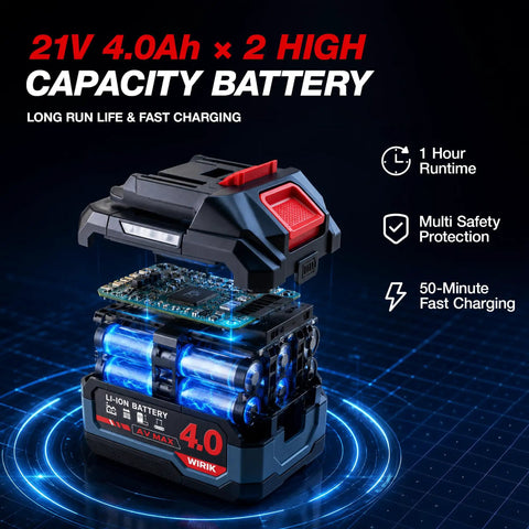 21V 4.0Ah x 2 high capacity battery with circuit board, showcasing long run life and fast charging features.