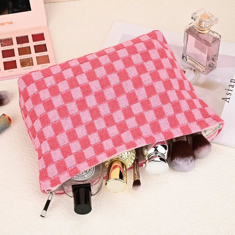 Large Checkered Makeup Bag Canvas Cosmetic Organizer For Travel And Daily Use Rose Red Design Big Capacity Fits Makeup Brushes Lipsticks Eyeliners Creams Perfume And Toiletries Ideal Grab And Go Storage For Women, shown open with cosmetics.