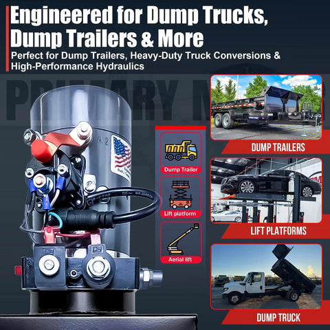 12V DC Double Acting Hydraulic Pump For Dump Trailer Power Unit With Remote Controller And Steel Reservoir 15 Quart Capacity Beefy Heavy Duty Dump Trailer Pump DC 45597 15S