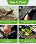 Installation steps for Six Foot By Three Hundred Foot Premium Weed Barrier Landscape Fabric with weed removal, cutting, and planting.