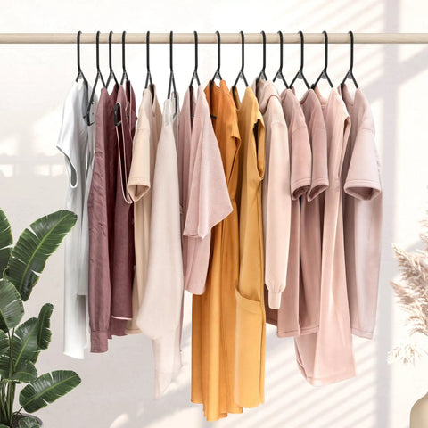 50 Pack Black Plastic Clothes Hangers For Closet Organization And Space Saving, Heavy Duty Coat Hangers For Shirts And Jackets on rail