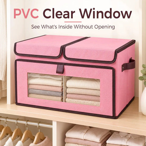 No Hassle Straight Up Foldable Fabric Storage Bins With Tough Lids And Transparent Panels For Rapid Grab Makes Home Sorting A Total Cinch, 16.5x11.4x9.7 inches, pink with clear window.