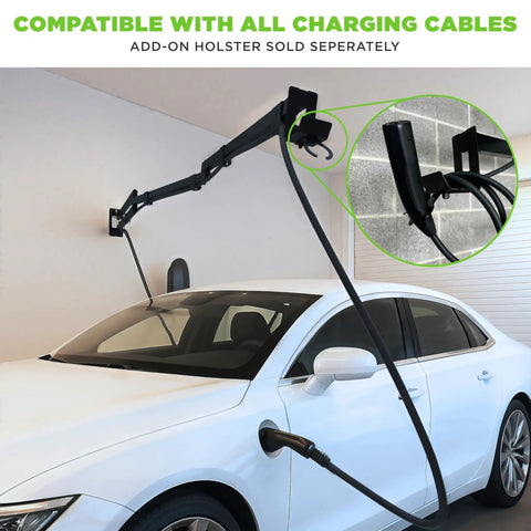 Heavy Duty Ev Cord Holder With Wall Mount Design And Adjustable Boom Arm To Tame Those Messy Level 2 Charging Cables And Keep Your Garage Floor Totally Clear In Matte Black mounted on wall with charging cable in use.