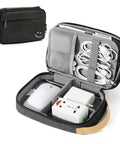 Cord Organizer Case For Cables And Chargers, Travel Tech Organizer Bag For Cords, USBs, SD Cards, Phone Accessories And More, Durable Black Travel Companion For Gear with open view showing organized compartments for cables, chargers, and tech accessories.