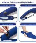 Ultimate Travel Neck And Body Pillow With Memory Foam And Velour Cover inflating, deflating, and rolled for travel convenience