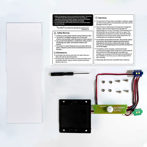 DIY Book Nook Kit For Adults With 3D Wooden Puzzle Bookend And Shelf Insert, Totally Cozy Library Decor For Shelves, Miniature House Kit With Body Motion Sensor LED Light, Travel With The Wind Edition components including LED circuit board and instructions.