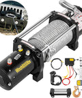 Heavy Duty Electric Winch With Wireless Remote Control And High Grade Steel Cable For SUV ATV Truck And Boat Recovery Off Road Trail Ready Gear That Pulls Like An Absolute Champ At Eight Thousand Pounds, showing mounted design and steel cable.