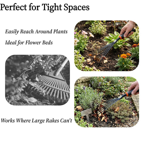 Two Pack Garden Hand Rake With Durable Steel Tines Small Shrub Rake With Ergonomic Non Slip Handle clearing flower beds