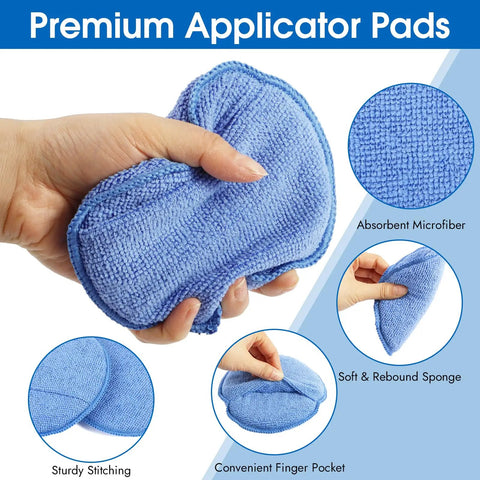 Hand holding 10 Pack Wax Applicator Pads With Finger Pocket, Slick Microfiber Foam Blend Car Wax Applicators, Blue