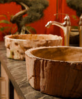 Next Level Petrified Fossil Wood Vessel Sink Featuring Irregular Natural Stone Silhouette And Polished Interior for above counter use.