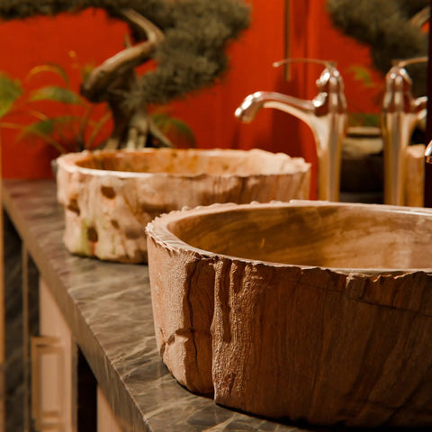Next Level Petrified Fossil Wood Vessel Sink Featuring Irregular Natural Stone Silhouette And Polished Interior for above counter use.