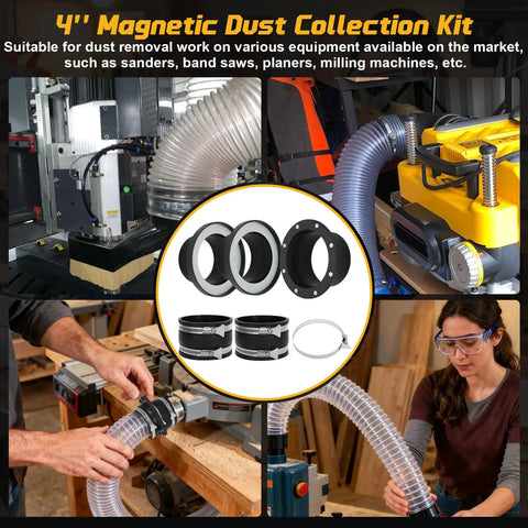 4 Inch Magnetic Dust Collection Fittings For Shop Vac Hose Quick Snap Connectors with magnets for easy workshop use.
