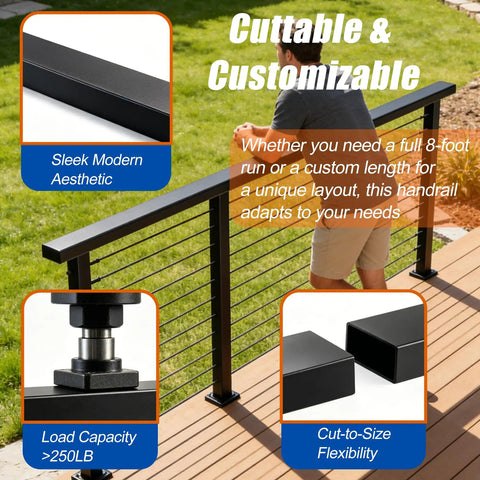 Premium 8ft Black Cable Railing Handrail Kit With Four Pieces Of Heavy Duty 304 Stainless Steel Deck Top Guardrails Featuring A Sleek Matte Finish And Totally Built Different Quality, showcasing customizable length.