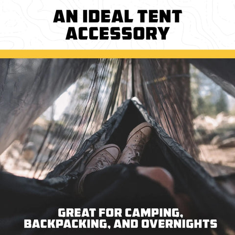 Person relaxing in hammock with bug net. Hammock Bug Net With Universal Fit For Single Or Double Setups, Mosquito Mesh For Camping, Hiking, Backpacking, And Outdoor Use, Lightweight, Easy Setup, Sleep Easy From Flies And Gnats.