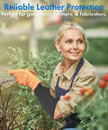 Genuine Cowhide Leather Arm Sleeves And Extended Elbow Guards Shield Thin Skin From Rough Scratches Bruises And Burns With Hella Comfortable Form Fitting Design In Classic Black For Heavy Work worn by woman gardening with orange gloves