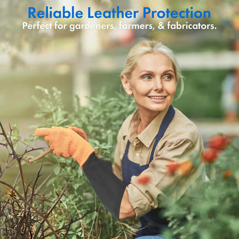 Genuine Cowhide Leather Arm Sleeves And Extended Elbow Guards Shield Thin Skin From Rough Scratches Bruises And Burns With Hella Comfortable Form Fitting Design In Classic Black For Heavy Work worn by woman gardening with orange gloves