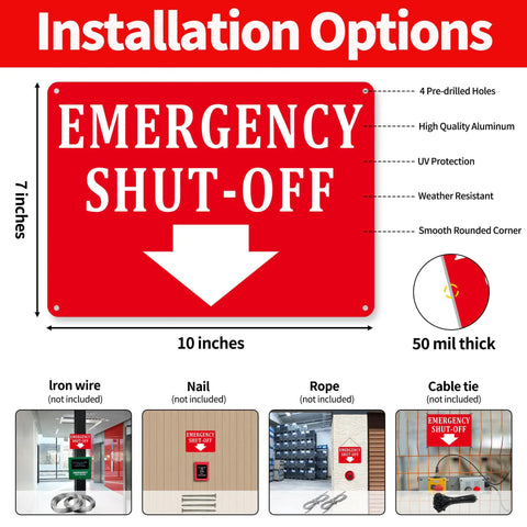 Image of a 2 Pack Aluminum Emergency Shut Off Sign With Down Arrow Reflective Weatherproof Rust Free Safety Sign For Doors And Walls Compliant And Easy To Install 10x7 Inches Red showing installation options and material details.