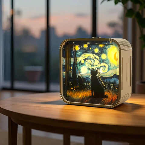 3D Wooden Puzzle Night Light For Adults And Teens, Dope DIY Craft Kit With Touch Light, Van Gogh Cat Design on wooden table