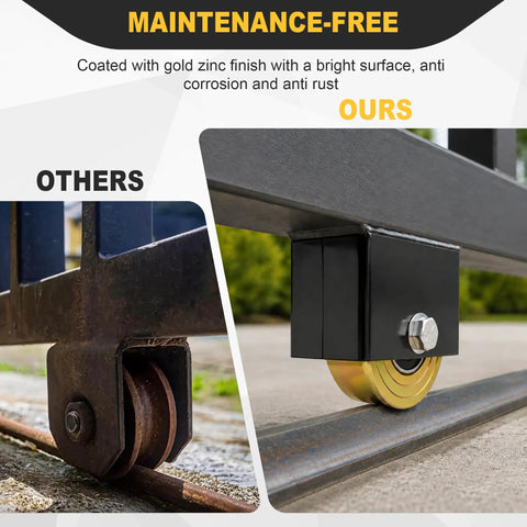Rock Solid Workhorse 4 Inch V Groove Sliding Gate Rollers Two Pack Heavy Duty Steel Wheels With Welded Base on rail.