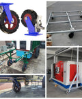 Heavy Duty Rubber Caster Wheels With Brake 4 Pack Swivel Trolley Casters on various carts and frames, displaying strong steel brackets and rubber tread.