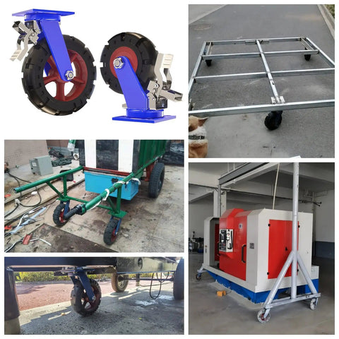 Heavy Duty Rubber Caster Wheels With Brake 4 Pack Swivel Trolley Casters on various carts and frames, displaying strong steel brackets and rubber tread.