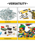 Assorted hardware, tools, components, and toys displaying the versatility of the storage bin rack system.