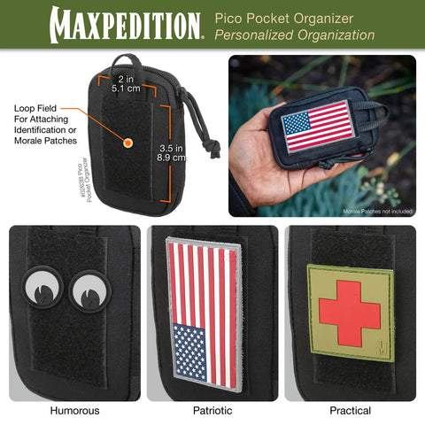 Pico Pocket Organizer Ultra Compact EDC Gear Pouch featuring loop field, American flag patch, black 500D nylon material