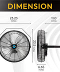 High Velocity 20 Inch Industrial Wall Fan With 4750 CFM, 3 Speed Settings, 6 Ft Power Cord, UL Listed, dimensions view