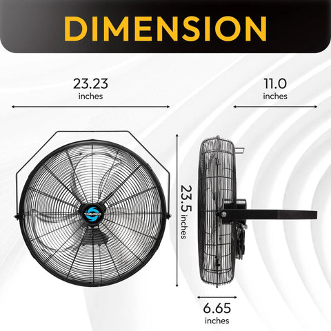 High Velocity 20 Inch Industrial Wall Fan With 4750 CFM, 3 Speed Settings, 6 Ft Power Cord, UL Listed, dimensions view