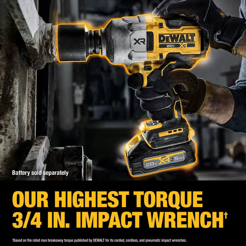 Worker using 20V Max XR Three Quarter Inch Cordless Impact Wrench Brushless Hog Ring Anvil High Torque Tool on metal structure