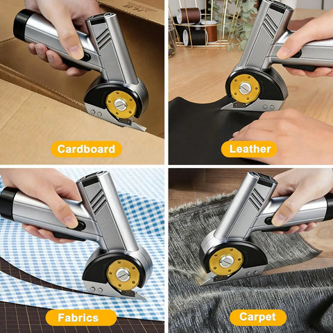 Get Your Hands On This Ridiculously Smooth Rroetxi Cordless Electric Cutter cutting through cardboard, fabric, leather, and carpet.