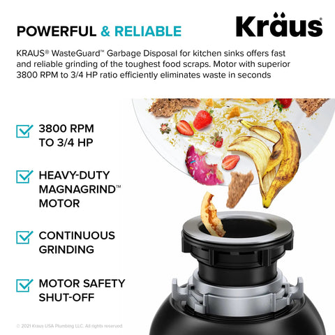 WasteGuard Beefy 3/4 HP Ultra Quiet Garbage Disposal With food scraps, showing 3800 RPM motor features and grinding chamber.