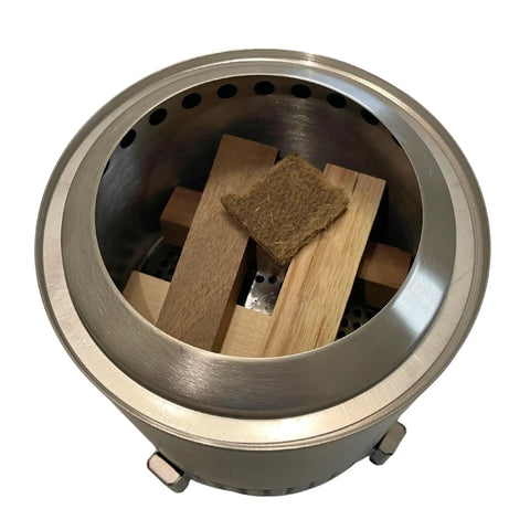 Mini Fire Wood And Fire Starters From Reclaimed Kiln Dried Hardwood in tabletop fire pit, zero moisture, ready to burn